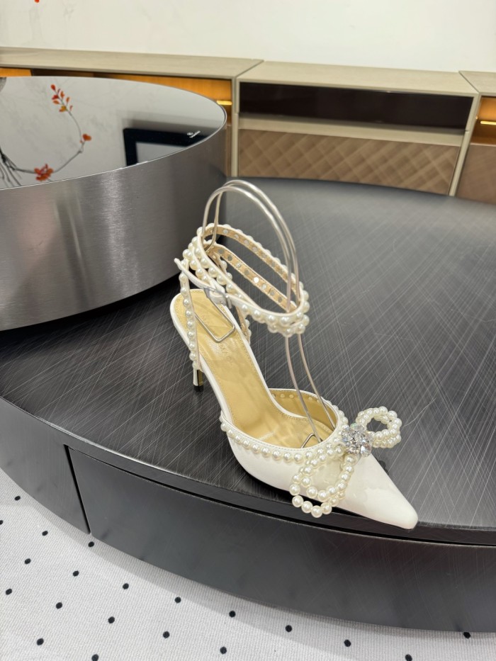 NIGO Mach & Mach Women's Spring, Summer And Autumn Pointed Toe Pearl Decorated Solid Color High Heels Fine Heeled 9cm Casual Sandals Shoes #nigo77674