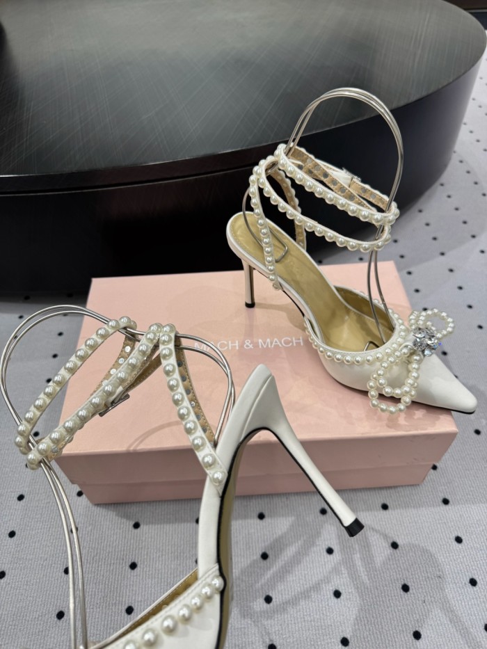 NIGO Mach & Mach Women's Spring, Summer And Autumn Pointed Toe Pearl Decorated Solid Color High Heels Fine Heeled 9cm Casual Sandals Shoes #nigo77674