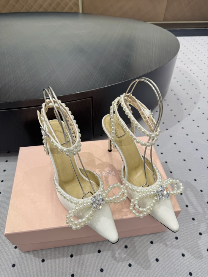 NIGO Mach & Mach Women's Spring, Summer And Autumn Pointed Toe Pearl Decorated Solid Color High Heels Fine Heeled 9cm Casual Sandals Shoes #nigo77674