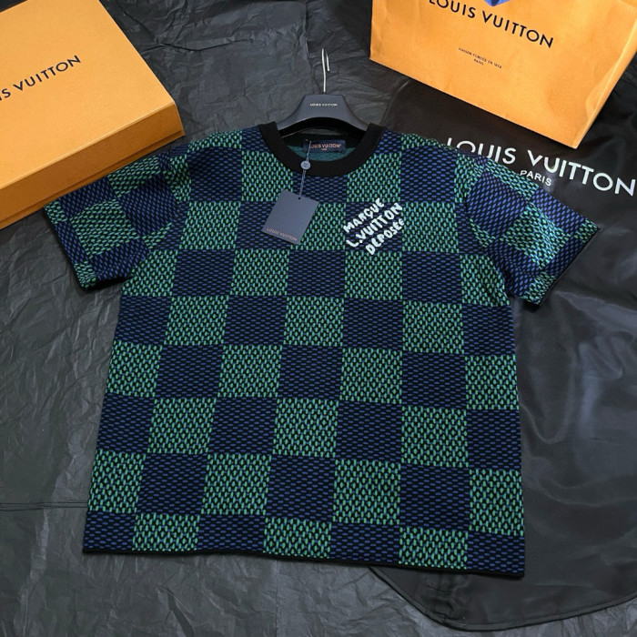 NIGO Louis Vuitton ﻿Men's Summer Check Letter Jacquard Damier Cotton Crewneck Round Neck Solid Color Short Sleeve T-Shirt #nigo71878