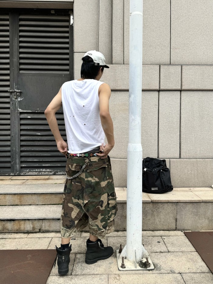 NIGO GRAILZ Project G/R Men's Summer Vintage Camouflage Layered Spliced Destruction Casual Pants Cotton Shorts Ngvp #nigo1918
