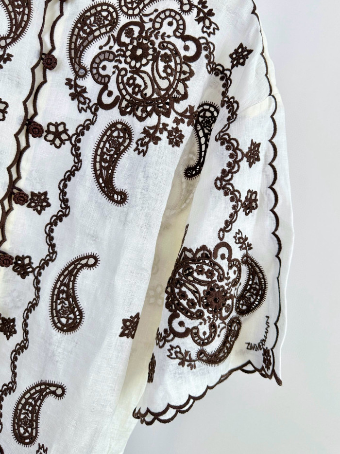 NIGO Zimmermann Women's Summer Openwork Embroidered Pattern Single Button Short Sleeved Shirt And Belted Casual Shorts Set Suit #nigo77678