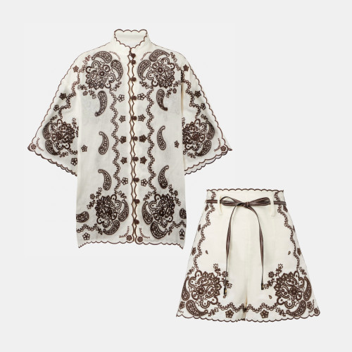 NIGO Zimmermann Women's Summer Openwork Embroidered Pattern Single Button Short Sleeved Shirt And Belted Casual Shorts Set Suit #nigo77678