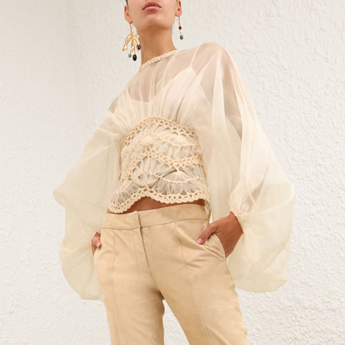 NIGO Zimmermann Illuminate Macrame Bodice Women's Spring And Summer Tulle Transparent Chiffon Shirt Long Sleeve Temperament Elegant Round Neck Button Blouse Top Ngvp #nigo1888