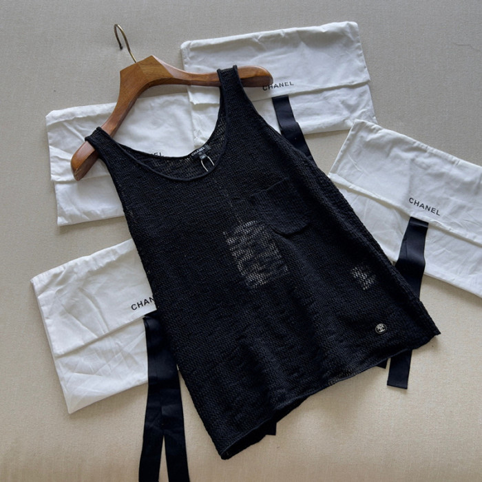 NIGO Chanel Women's Summer High Street Hollow Mesh Solid Color Round Neck Cotton Sleeveless Tank Top Vest Ngvp #nigo1923