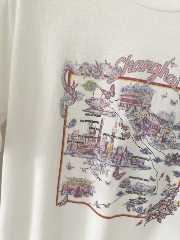NIGO Dior Women's Dior Souvenir T-shirt Summer City Logo Printed Round Neck Cotton Linen Blend Solid Color Straight Short Sleeve T-Shirt Ngvp #nigo1934