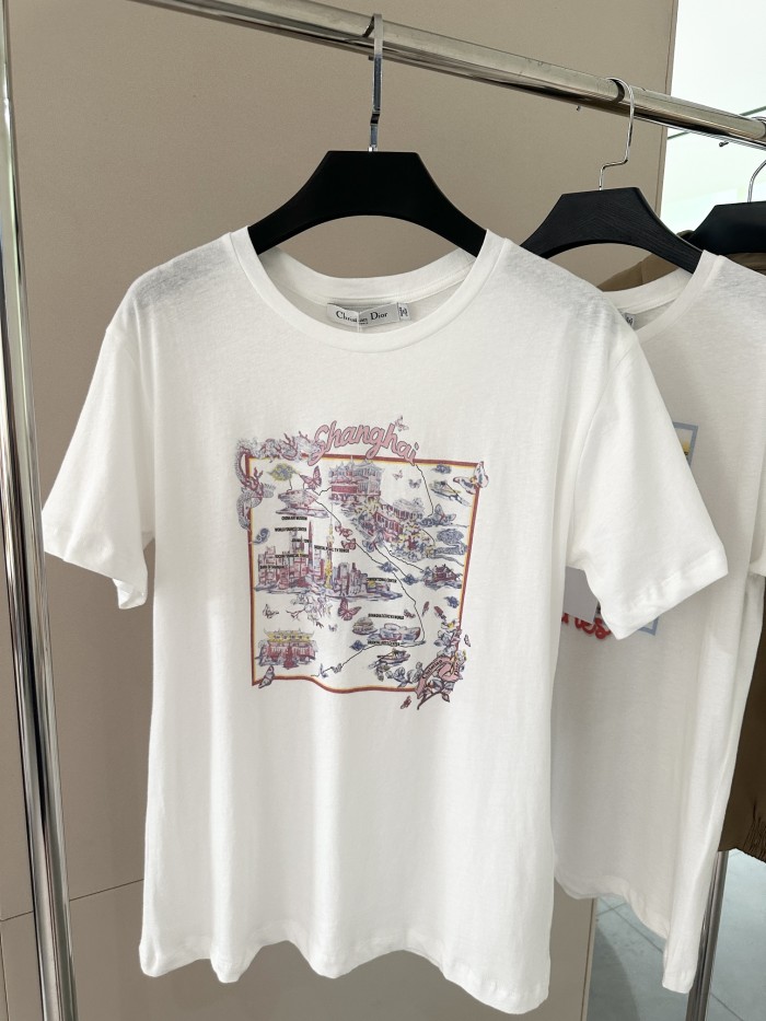 NIGO Dior Women's Dior Souvenir T-shirt Summer City Logo Printed Round Neck Cotton Linen Blend Solid Color Straight Short Sleeve T-Shirt Ngvp #nigo1934