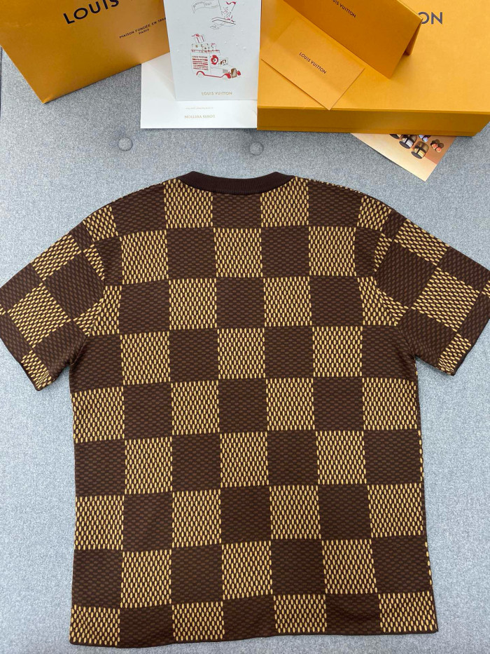 NIGO Louis Vuitton Men's Damier Imitation Crystal Applique Checkerboard Checkerboard Summer Cotton Solid Color Short Sleeve Round Neck Short Sleeve T-Shirt #nigo81339