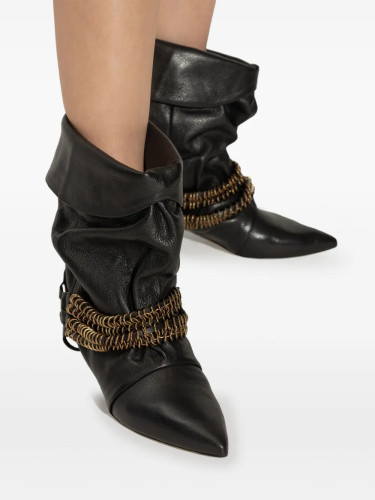 NIGO Isabel Marant Women's Autumn and Winter Edrik Leather Boots Solid Color Pointed Toe Pleated Surface Metal Chain Buckle Short Boots Heel 4.5cm Casual Shoes Ngvp #nigo1941