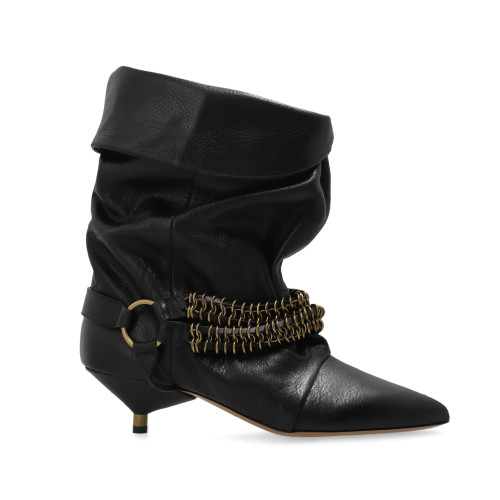 NIGO Isabel Marant Women's Autumn and Winter Edrik Leather Boots Solid Color Pointed Toe Pleated Surface Metal Chain Buckle Short Boots Heel 4.5cm Casual Shoes Ngvp #nigo1941