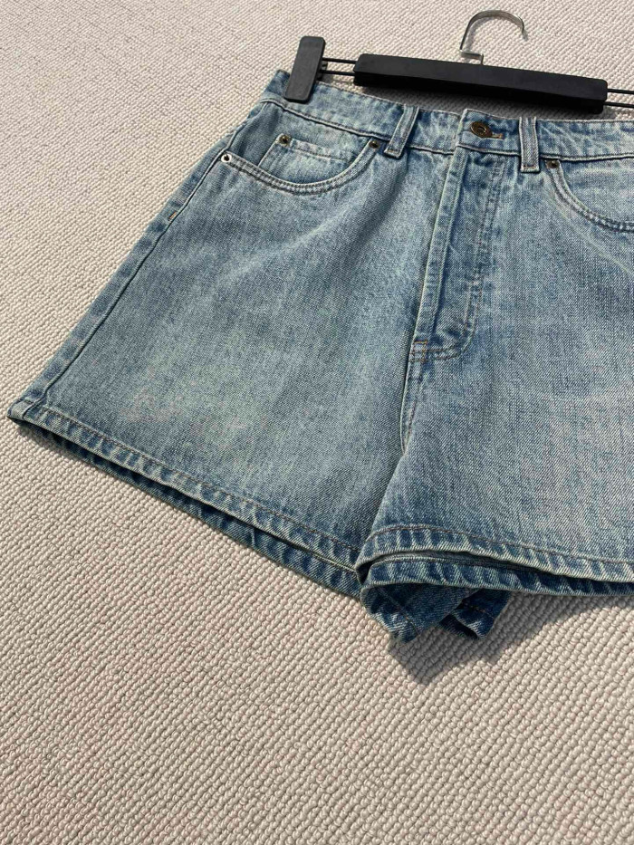 NIGO MiuMiu Women's Summer Solid Color Letter Leather Label Denim Shorts #nigo77764