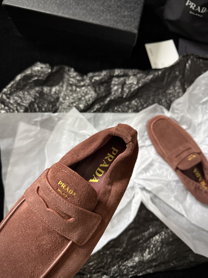 NIGO Prada Women's Solid Color Round Toe Slip-On Shiny Oiled Leather and Suede Casual Loafers Shoes #nigo77758