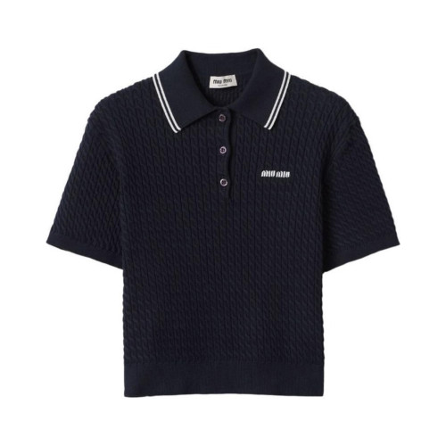 NIGO MiuMiu Women's Summer Dark Blue Letter Logo Embroidery Cotton Straight Short Sleeve Polo Shirt T-Shirt #nigo77769