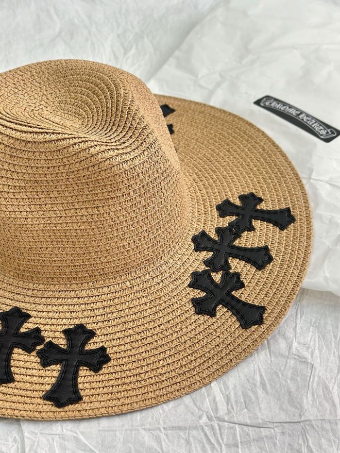 NIGO Chrome Hearts Men's And Women's Plain Colored Straw Hat With Cross Leather Logo Cap #nigo77796