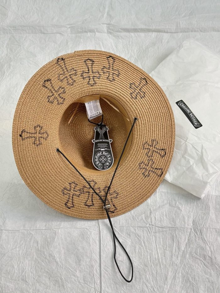 NIGO Chrome Hearts Men's And Women's Plain Colored Straw Hat With Cross Leather Logo Cap #nigo77796