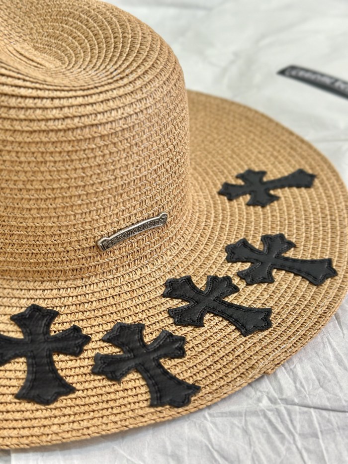 NIGO Chrome Hearts Men's And Women's Plain Colored Straw Hat With Cross Leather Logo Cap #nigo77796