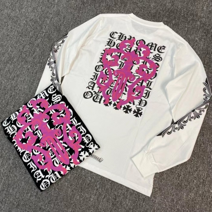 NIGO Chrome Hearts Women's Spring Autumn Cross Pattern Print Long Sleeve Round Neck Cotton T-Shirt #nigo77815