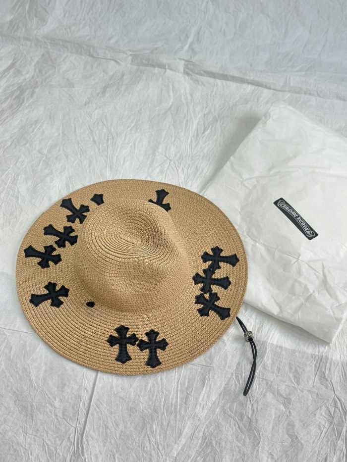 NIGO Chrome Hearts Men's And Women's Plain Colored Straw Hat With Cross Leather Logo Cap #nigo77796