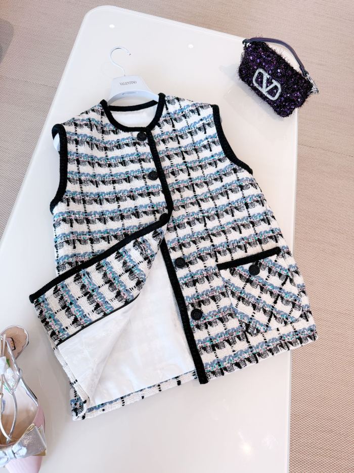 NIGO Valentino Women's Spring And Winter Tweed Sequins Check Pattern Solid Color Round Neck Single-Breasted Cotton Wool Blend Sleeveless Pocket Vest Ngvp #nigo2111