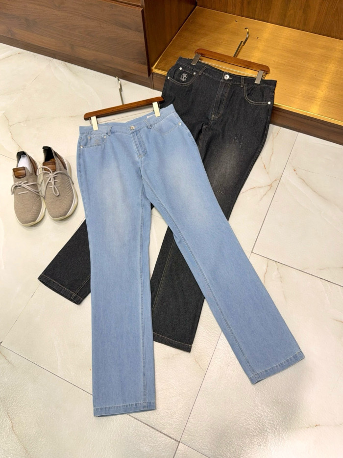 NIGO Brunello Cucinelli Men's Spring/Autumn Solid Colour Embroidered Logo Pure Cotton Denim Trousers Pants #nigo77883