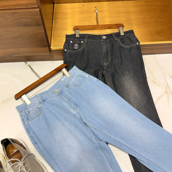 NIGO Brunello Cucinelli Men's Spring/Autumn Solid Colour Embroidered Logo Pure Cotton Denim Trousers Pants #nigo77883
