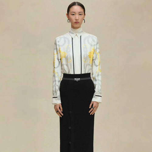 NIGO Hermes Women's Chain Printed Lapel Solid Color Silk Spring Summer Autumn Long Sleeve Fitted Shirt Ngvp #nigo2119