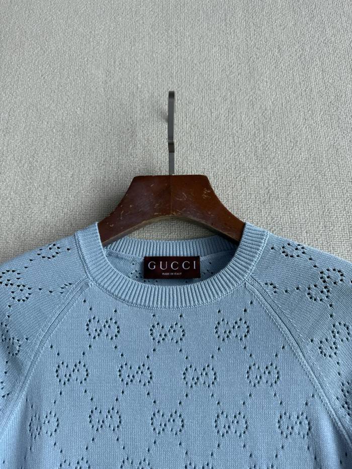 NIGO Gucci Women's Spring/Summer Solid Color Letter Print Openwork Design Cotton Round Neck Short Sleeve Knitted T-Shirt #nigo77898