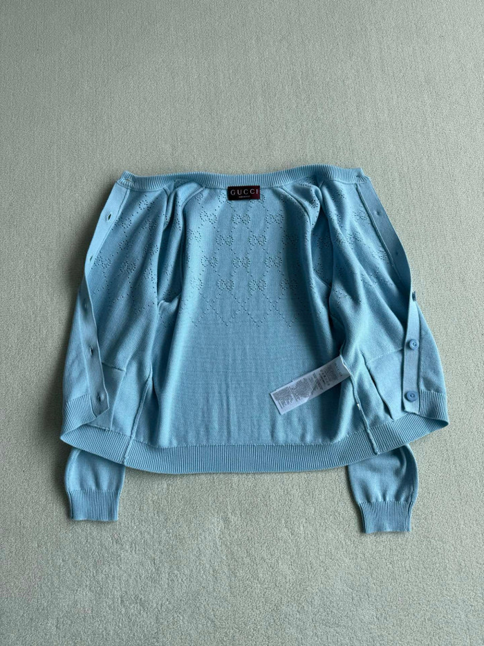 NIGO Gucci Women's Spring/Autumn Solid Color Letter Print Openwork Design Cotton Knitted Jacquard Single-Breasted Long-Sleeved Cardigan Jacket #nigo77912