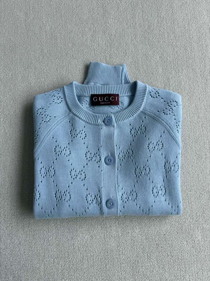NIGO Gucci Women's Spring/Autumn Solid Color Letter Print Openwork Design Cotton Knitted Jacquard Single-Breasted Long-Sleeved Cardigan Jacket #nigo77912