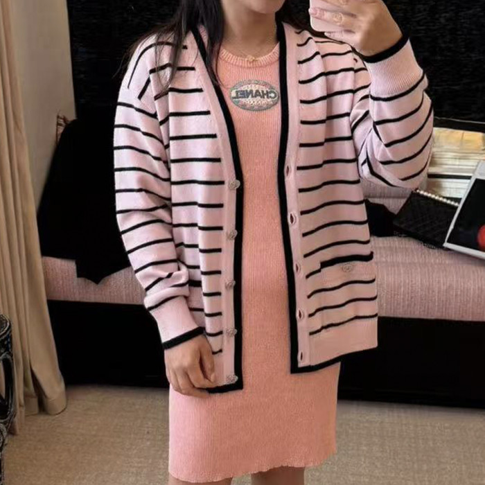 NIGO Chanel Women's V-Neck Striped Spring, Autumn And Winter Long Solid Color Cashmere Knitted Cardigan Ngvp #nigo1981