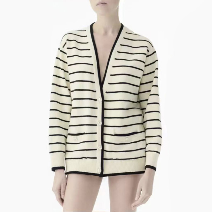 NIGO Chanel Women's V-Neck Striped Spring, Autumn And Winter Long Solid Color Cashmere Knitted Cardigan Ngvp #nigo1981