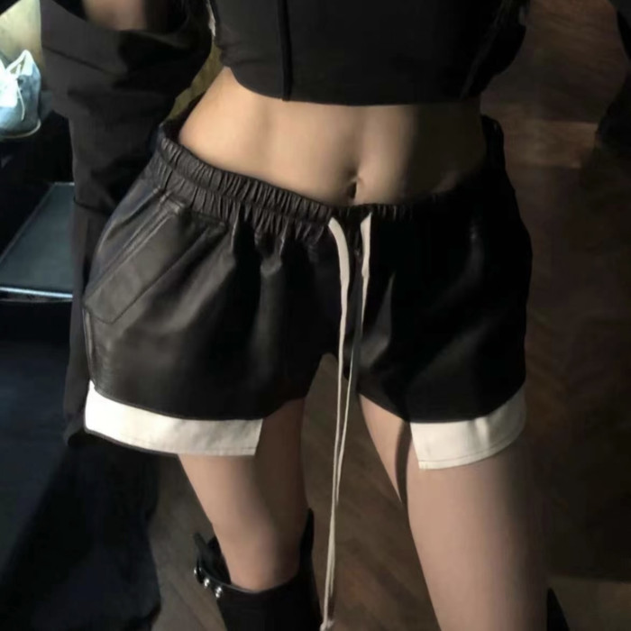NIGO Rick Owens Women's Summer Solid Colour Drawstring Leather Trendy Casual Shorts #nigo77918