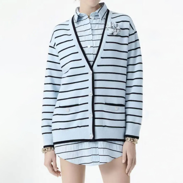 NIGO Chanel Women's V-Neck Striped Spring, Autumn And Winter Long Solid Color Cashmere Knitted Cardigan Ngvp #nigo1981