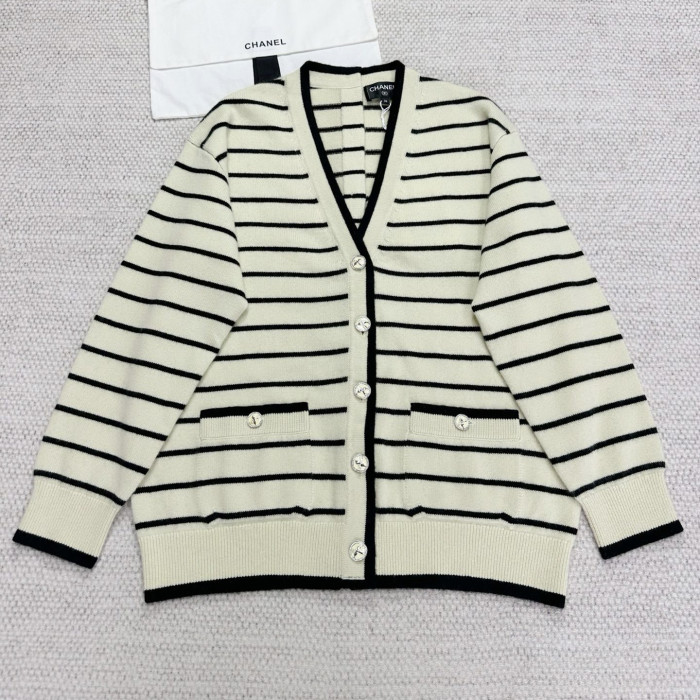 NIGO Chanel Women's V-Neck Striped Spring, Autumn And Winter Long Solid Color Cashmere Knitted Cardigan Ngvp #nigo1981