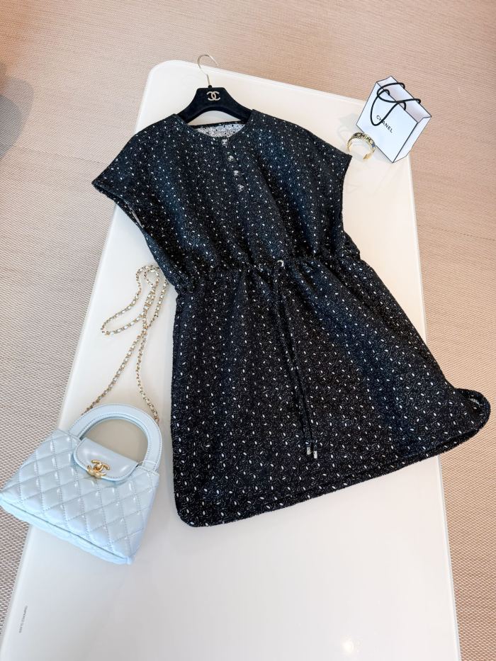 NIGO Chanel Women's Summer Solid Colour Round Neck Button-Up Waist-cinched Embroidered Logo Short Sleeve Short Dress #nigo77939