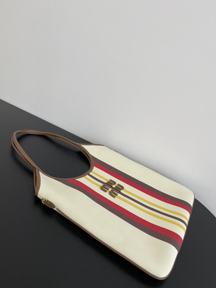 NIGO MiuMiu IVY Women's Embroidered Letter Print Striped Pattern Canvas And Leather Handbag Tote Bag Bags #nigo77931