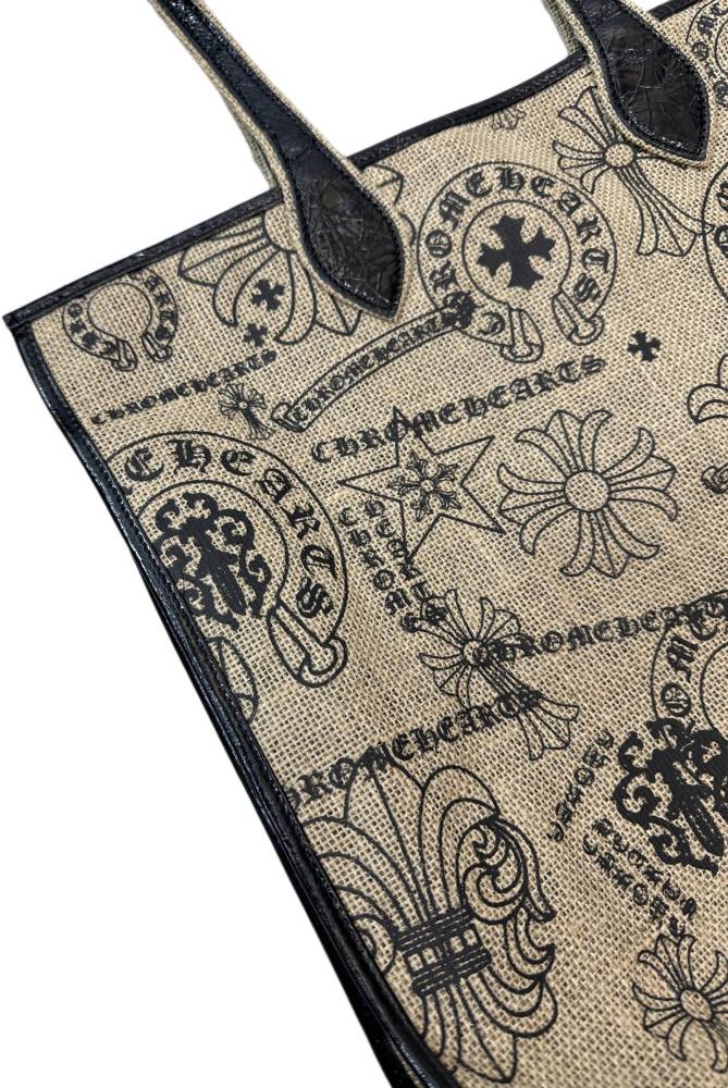 NIGO Chrome Hearts Women's All-Over Pattern Printed Straw and Leather Shopping Bag Tote Bags Handbag #nigo77937