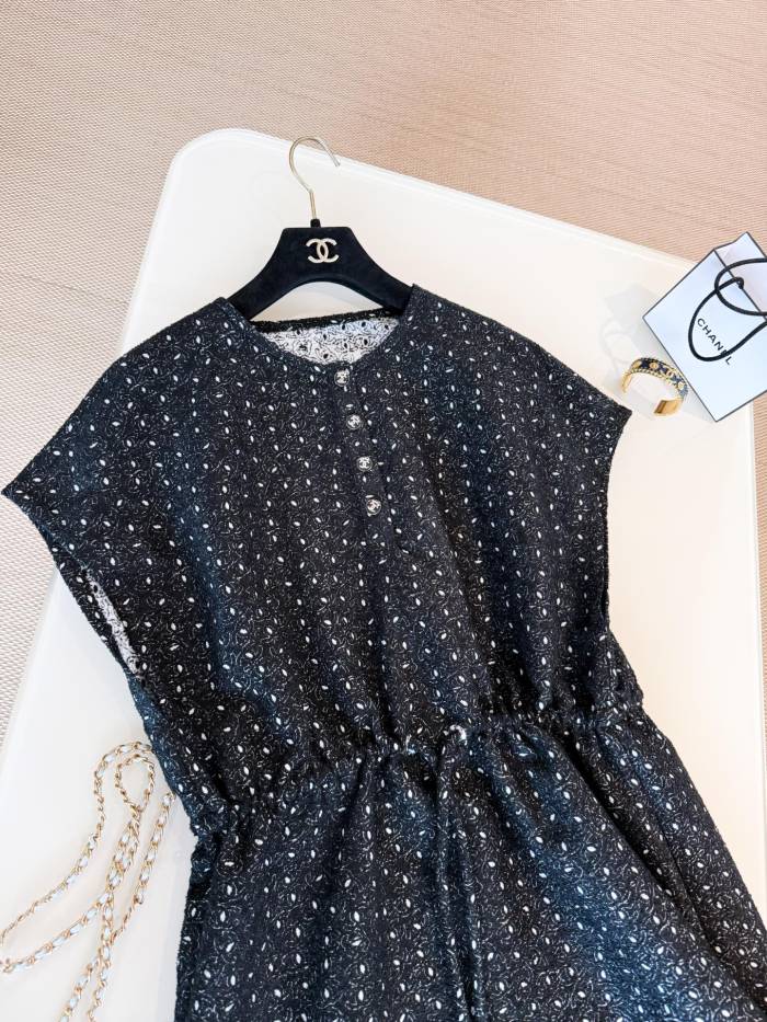 NIGO Chanel Women's Summer Solid Colour Round Neck Button-Up Waist-cinched Embroidered Logo Short Sleeve Short Dress #nigo77939