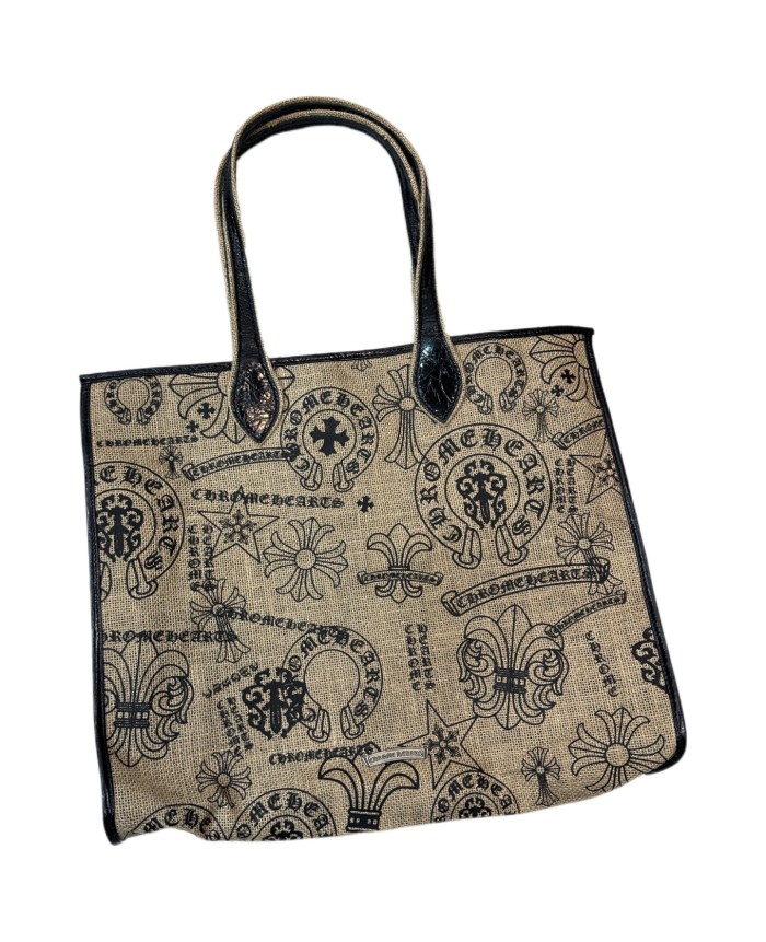 NIGO Chrome Hearts Women's All-Over Pattern Printed Straw and Leather Shopping Bag Tote Bags Handbag #nigo77937