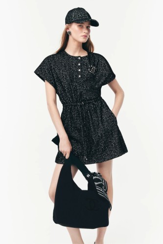 NIGO Chanel Women's Summer Solid Colour Round Neck Button-Up Waist-cinched Embroidered Logo Short Sleeve Short Dress #nigo77939