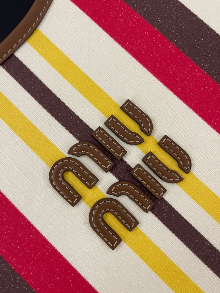 NIGO MiuMiu IVY Women's Embroidered Letter Print Striped Pattern Canvas And Leather Handbag Tote Bag Bags #nigo77931