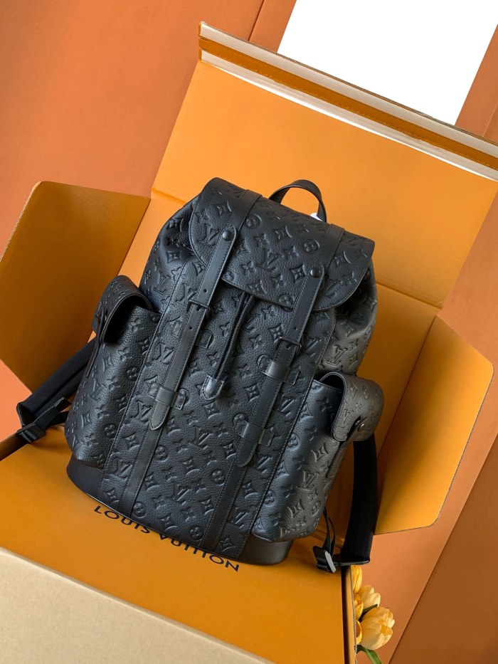 NIGO Louis Vuitton Christopher Men's Black Dark Logo Printed Drawstring Flap Closure Cowhide Leather Backpack Shoulder Bag Bags #nigo77954