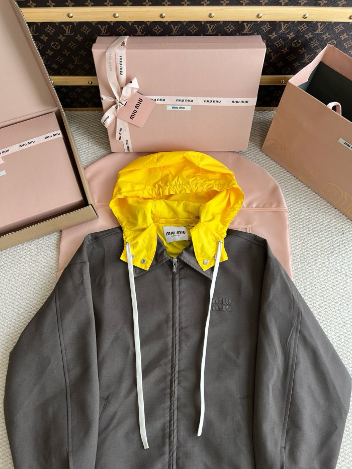 NIGO MiuMiu Women's Autumn/Spring Brown Hooded Drawstring Embroidered Logo Zipper Long Sleeve Jacket #nigo77947