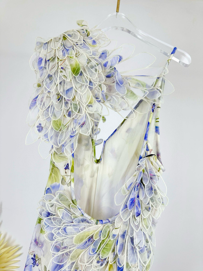 NIGO Zimmermann Women's Summer Floral Pattern Printed Three-dimensional Feather V-neck Strapless Dress #nigo77984
