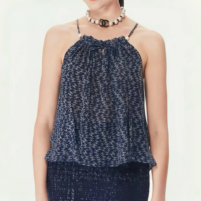 NIGO Chanel Women's Summer Pink And Blue Logo Print Halter Silk Tank Top #nigo77963