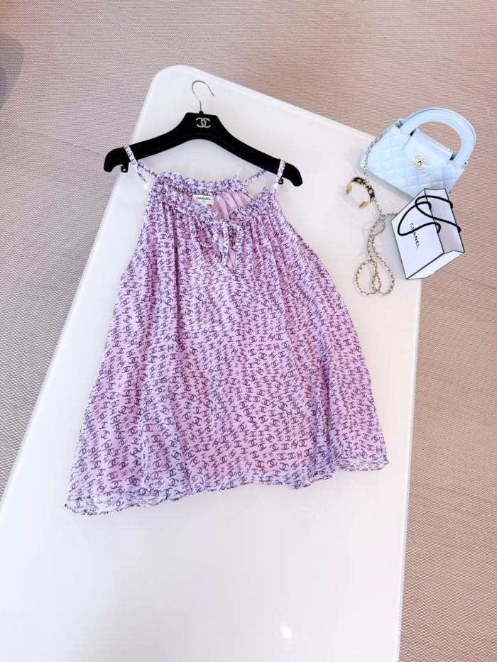 NIGO Chanel Women's Summer Pink And Blue Logo Print Halter Silk Tank Top #nigo77963