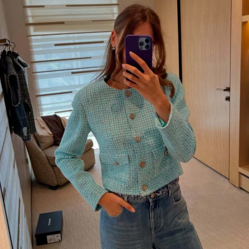 NIGO Chanel Women's Blue-green Woven Patchwork Tweed Short Jacket Autumn And Winter Fashion Elegant Single-breasted Jacket Ngvp #nigo2168