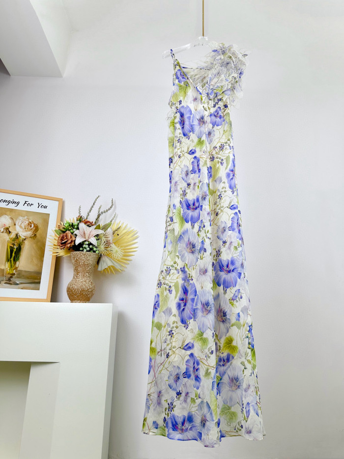 NIGO Zimmermann Women's Summer Floral Pattern Printed Three-dimensional Feather V-neck Strapless Dress #nigo77984