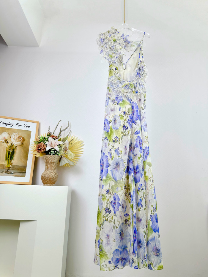 NIGO Zimmermann Women's Summer Floral Pattern Printed Three-dimensional Feather V-neck Strapless Dress #nigo77984
