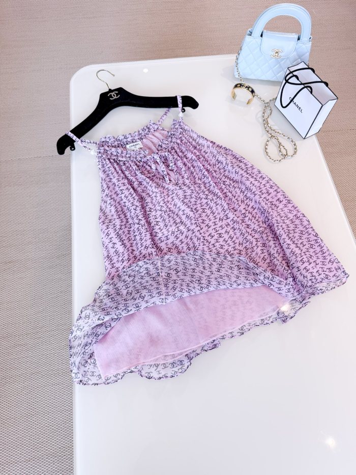 NIGO Chanel Women's Summer Pink And Blue Logo Print Halter Silk Tank Top #nigo77963